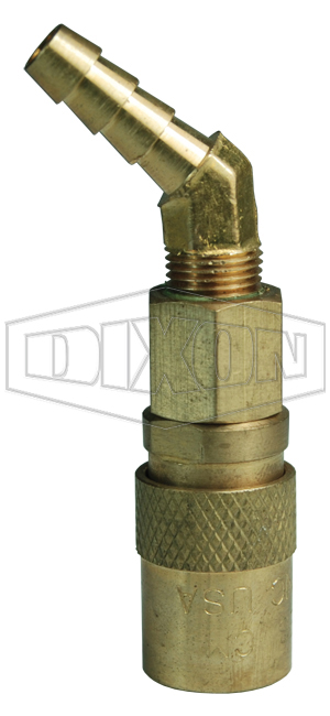 DQC CM-Series Industrial Mold Interchange Valved Coupler 45° Hose Barb