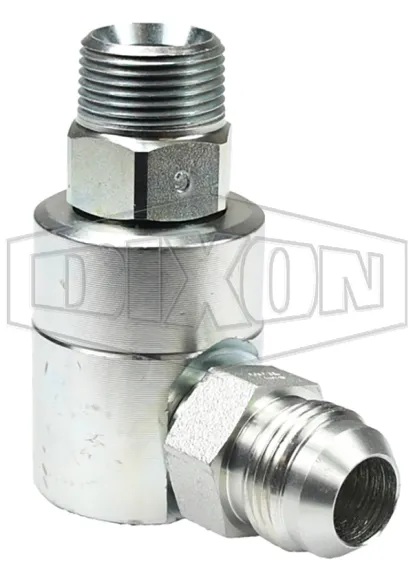 SuperSwivels® Male NPTF x Male JIC 37° 90° Elbow Inline Swivel